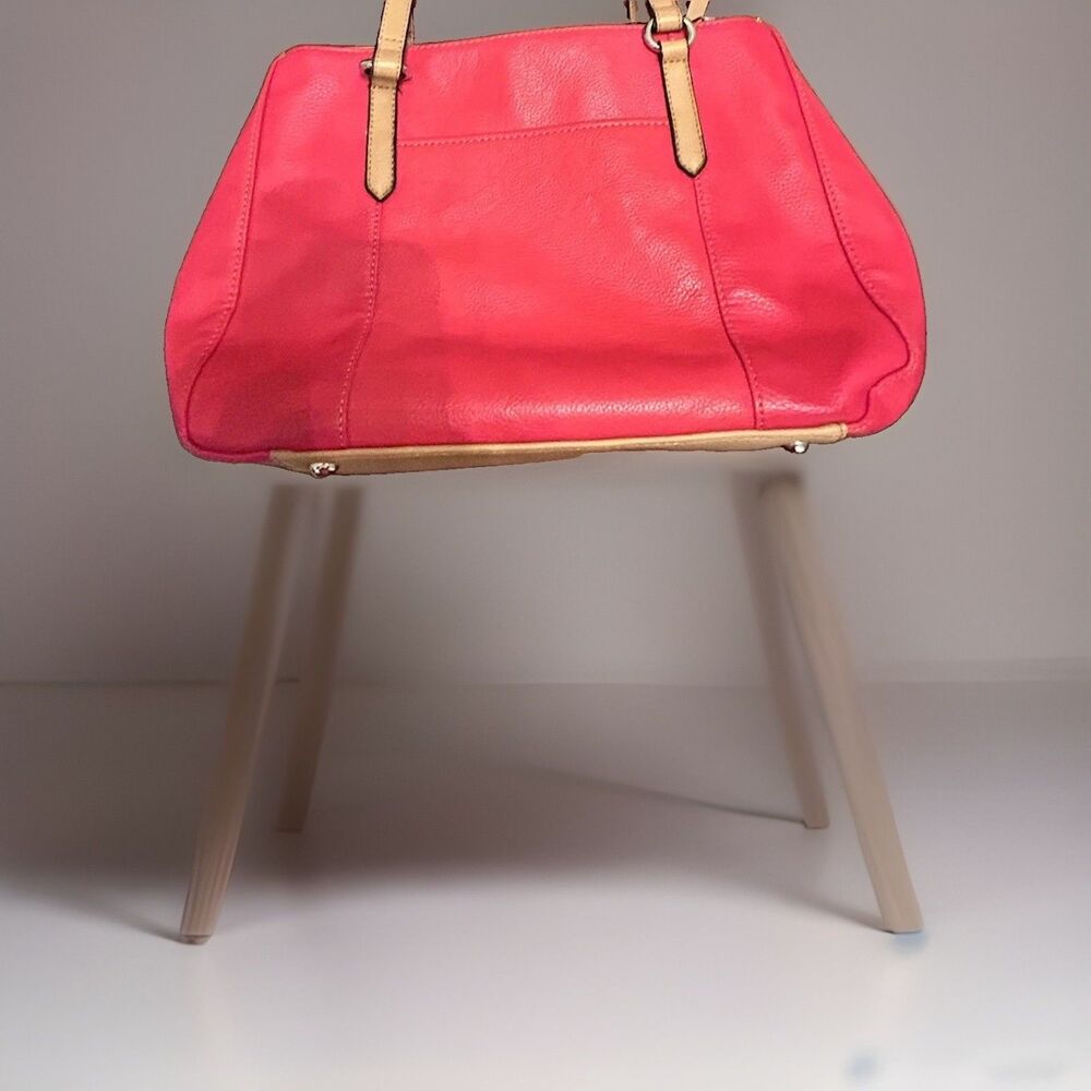 Tignanello Red Beige Pebbled Faux Leather Satchel Tassel Zip Pockets - Picture 3 of 10